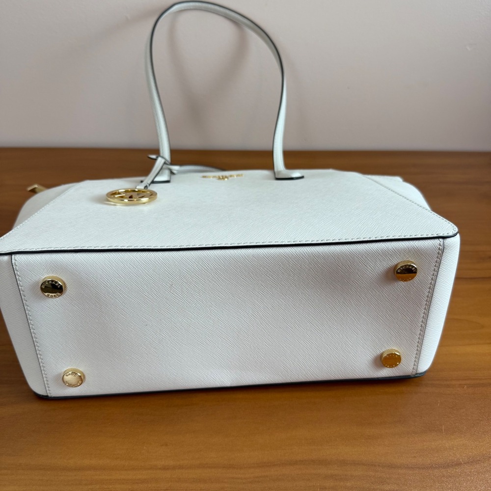 Michael Kors Marilyn Leather Medium Tote Bag LT Cream Gold MK Logo - Picture 13 of 16